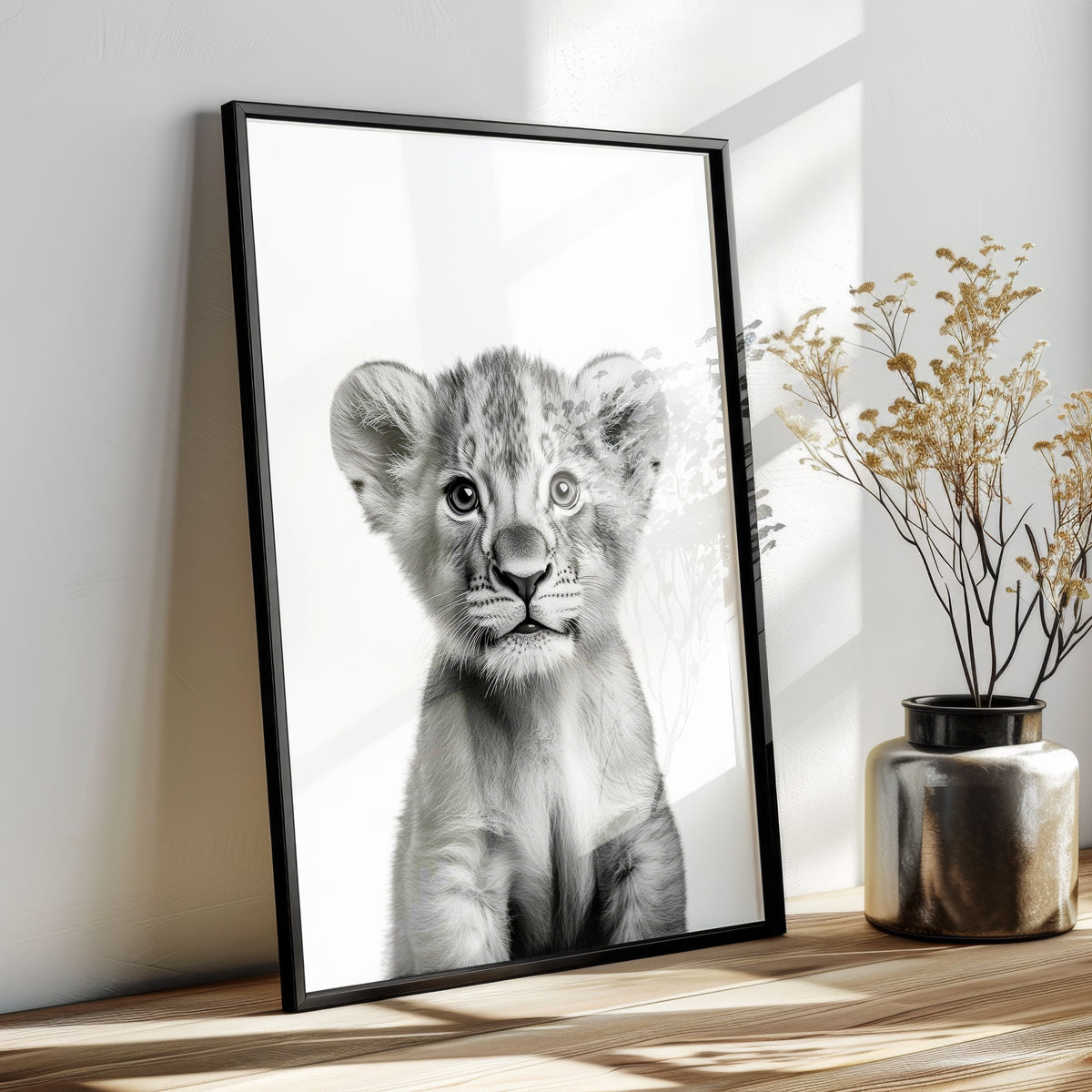 Adorable Baby Lion Nursery Print – Black and White Safari Art for Kids' Room Decor