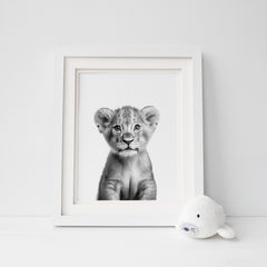 Adorable Baby Lion Nursery Print – Black and White Safari Art for Kids' Room Decor