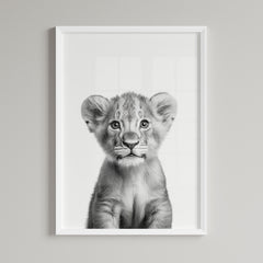 Adorable Baby Lion Nursery Print – Black and White Safari Art for Kids' Room Decor