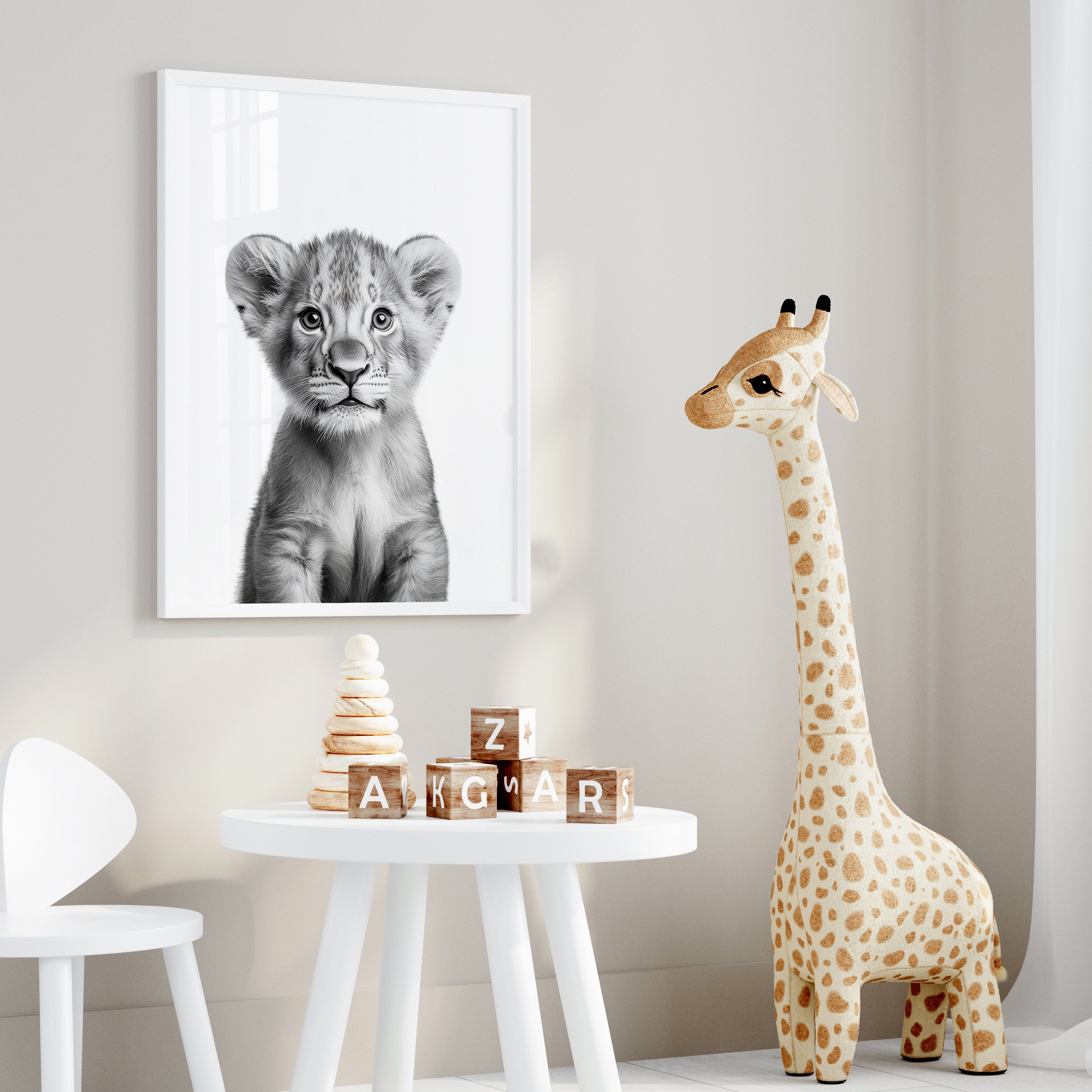 Adorable Baby Lion Nursery Print – Black and White Safari Art for Kids' Room Decor